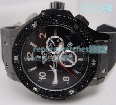 Copy Hublot Black Diamond Dial Bezel Black Rubber Strap Watch